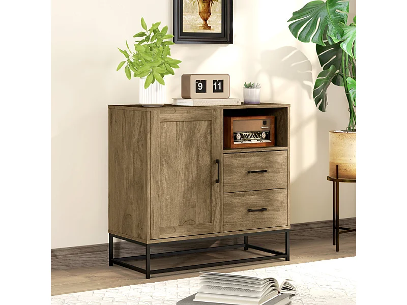 Buffet effet bois exotique 2 tiroirs niche porte étagère métal noir