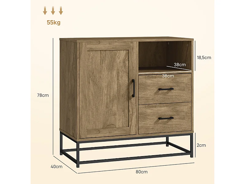 Buffet effet bois exotique 2 tiroirs niche porte étagère métal noir