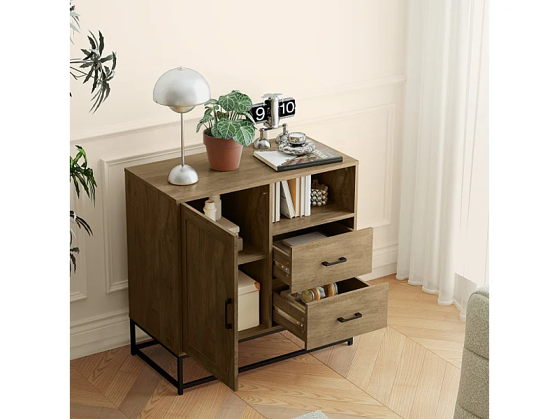 Buffet effet bois exotique 2 tiroirs niche porte étagère métal noir