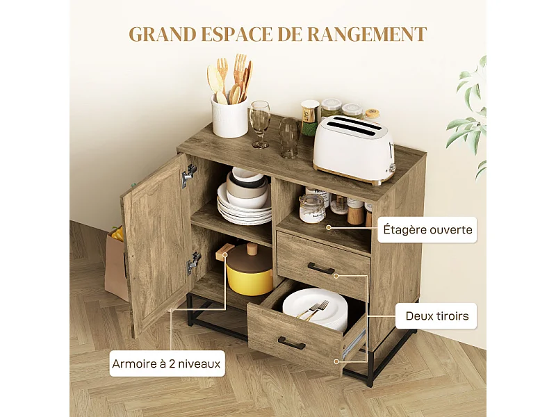 Buffet effet bois exotique 2 tiroirs niche porte étagère métal noir