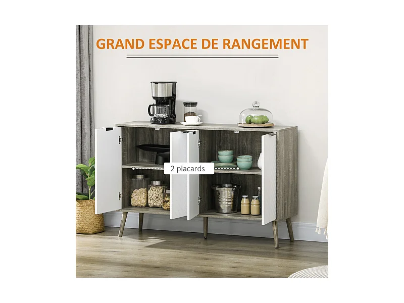 Buffet scandinave 4 portes NETON aspect bois gris et blanc