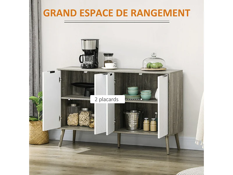 Buffet scandinave 4 portes NETON aspect bois gris et blanc