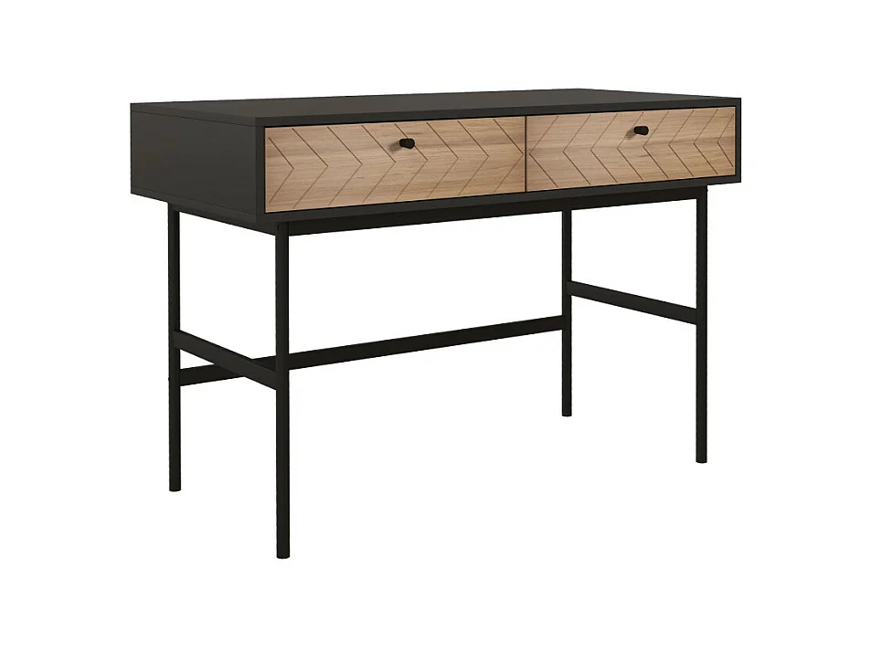 Bureau secrétaire style graphique - 2 tiroirs façades chevrons - acier noir aspect bois