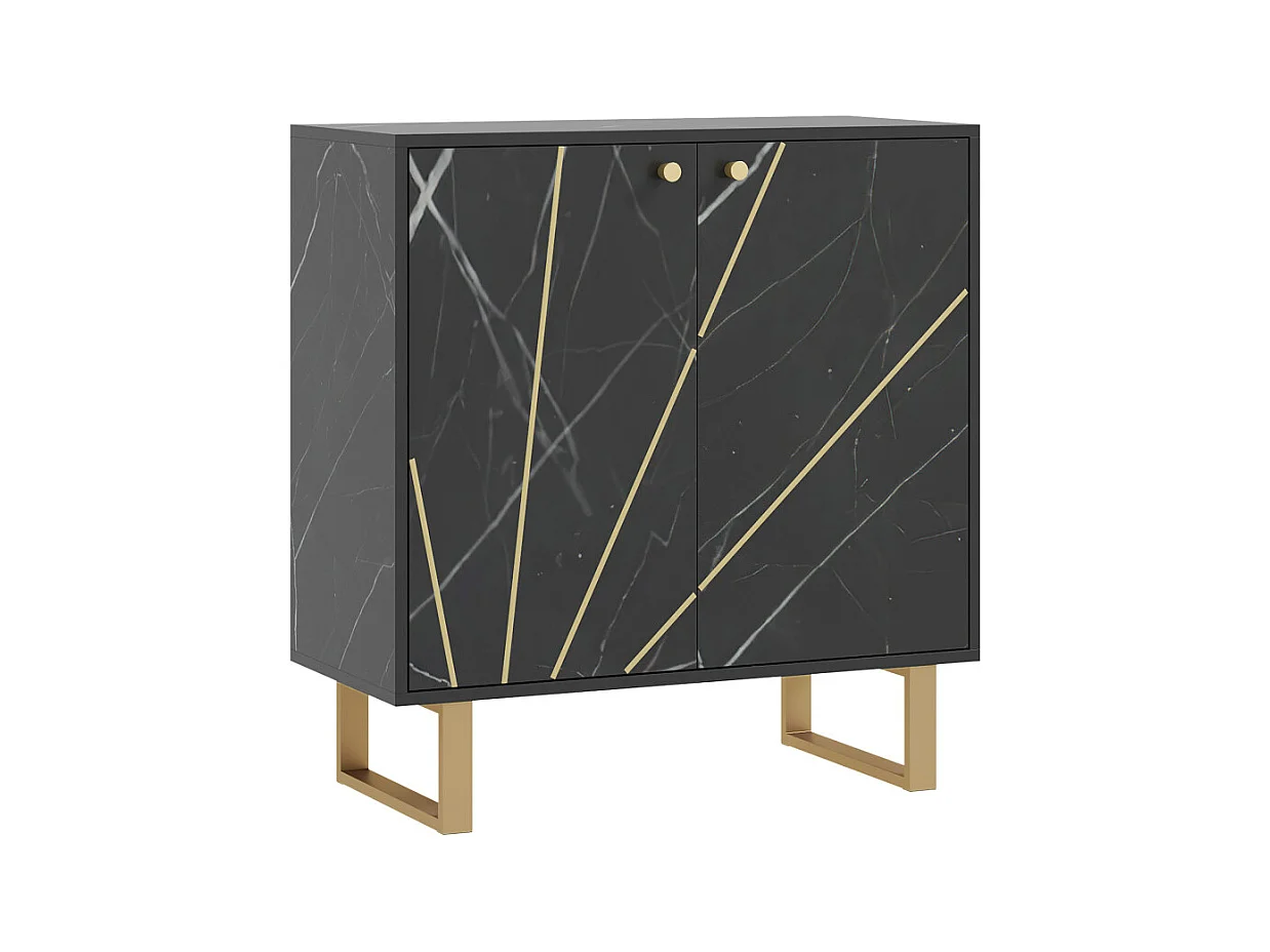 Buffet design - 2 portes, étagère - métal doré aspect marbre noir