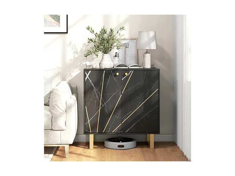 Buffet design - 2 portes, étagère - métal doré aspect marbre noir