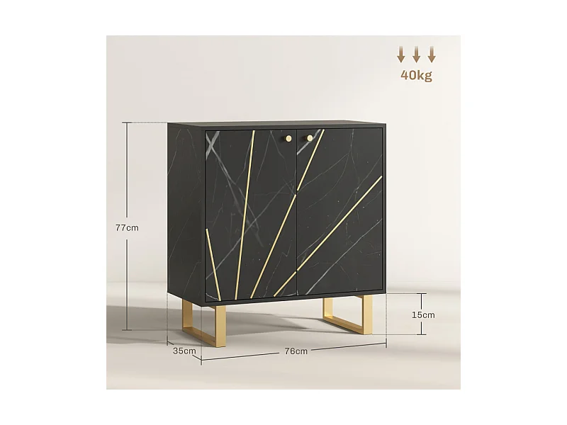 Buffet design - 2 portes, étagère - métal doré aspect marbre noir