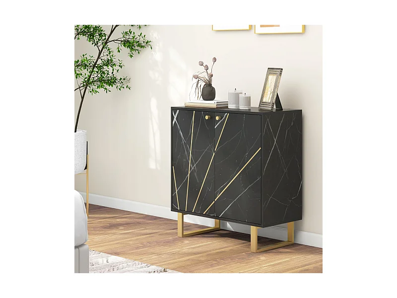 Buffet design - 2 portes, étagère - métal doré aspect marbre noir