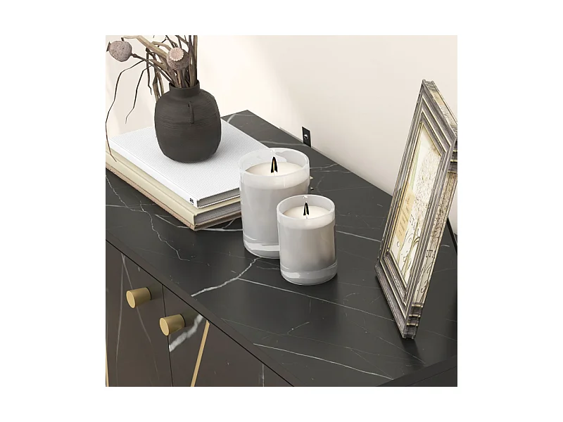 Buffet design - 2 portes, étagère - métal doré aspect marbre noir