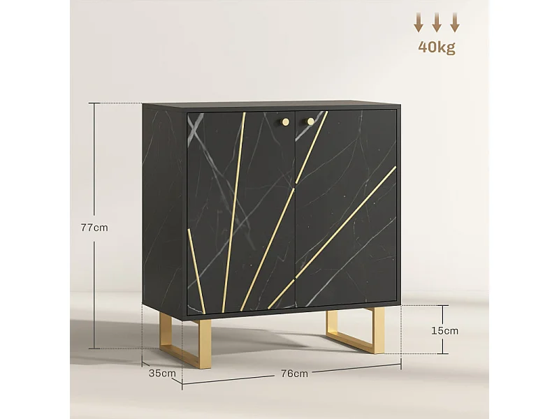 Buffet design - 2 portes, étagère - métal doré aspect marbre noir