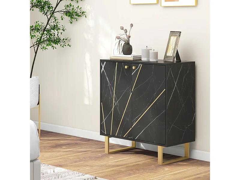 Buffet design - 2 portes, étagère - métal doré aspect marbre noir