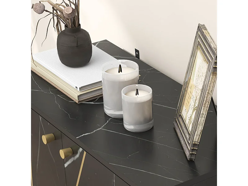 Buffet design - 2 portes, étagère - métal doré aspect marbre noir