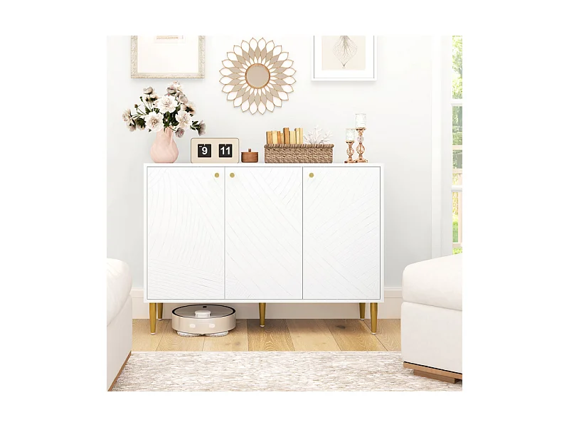 Buffet design graphique - 3 portes, 2 étagères - métal doré blanc