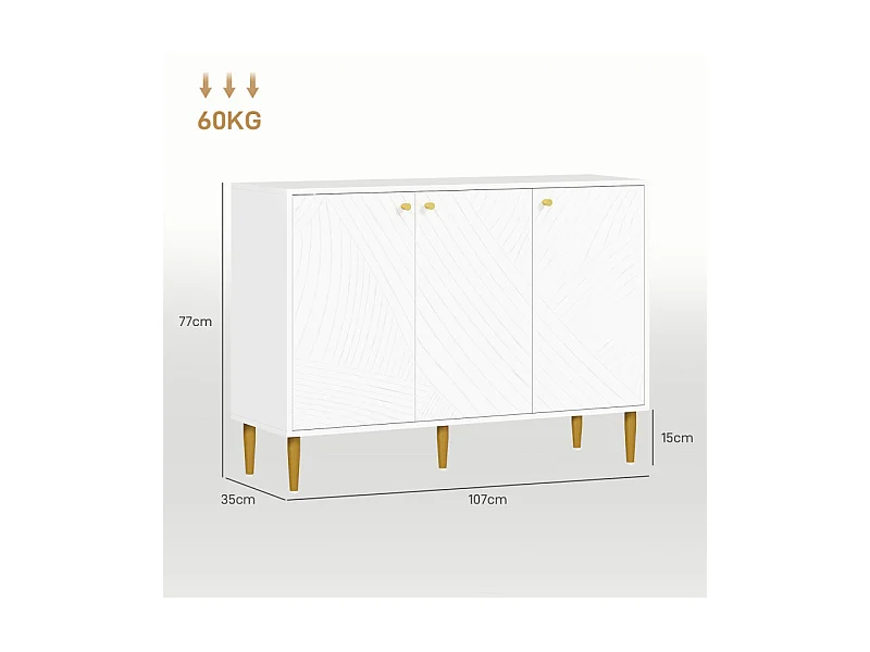 Buffet design graphique - 3 portes, 2 étagères - métal doré blanc