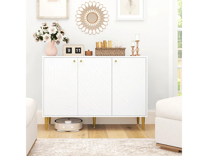 Buffet design graphique - 3 portes, 2 étagères - métal doré blanc