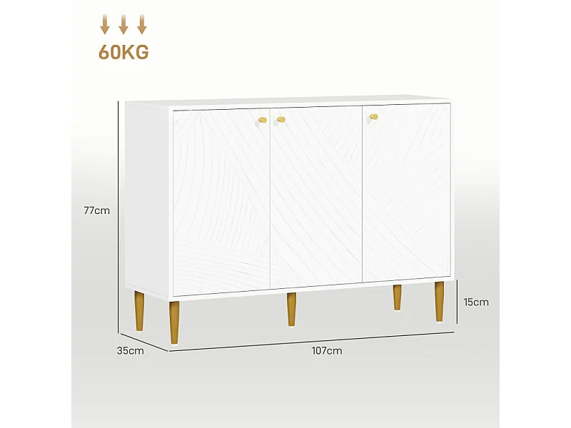 Buffet design graphique - 3 portes, 2 étagères - métal doré blanc