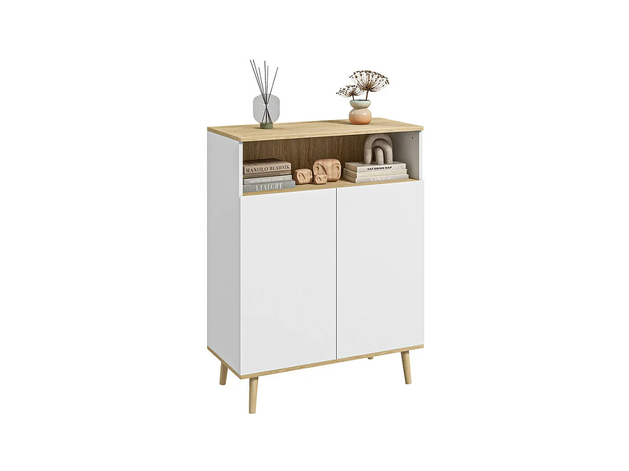 Buffet scandinave 2 portes étagère niche blanc aspect chêne clair