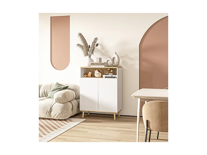 Buffet scandinave 2 portes étagère niche blanc aspect chêne clair