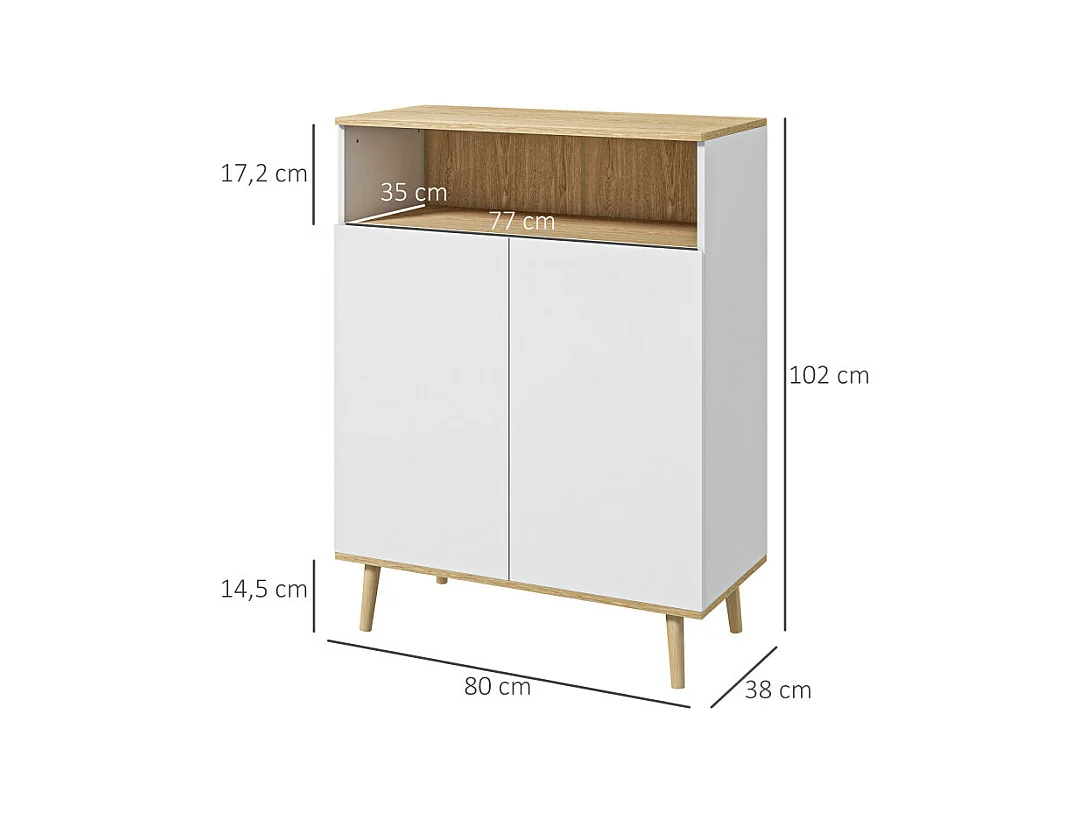 Buffet scandinave 2 portes étagère niche blanc aspect chêne clair