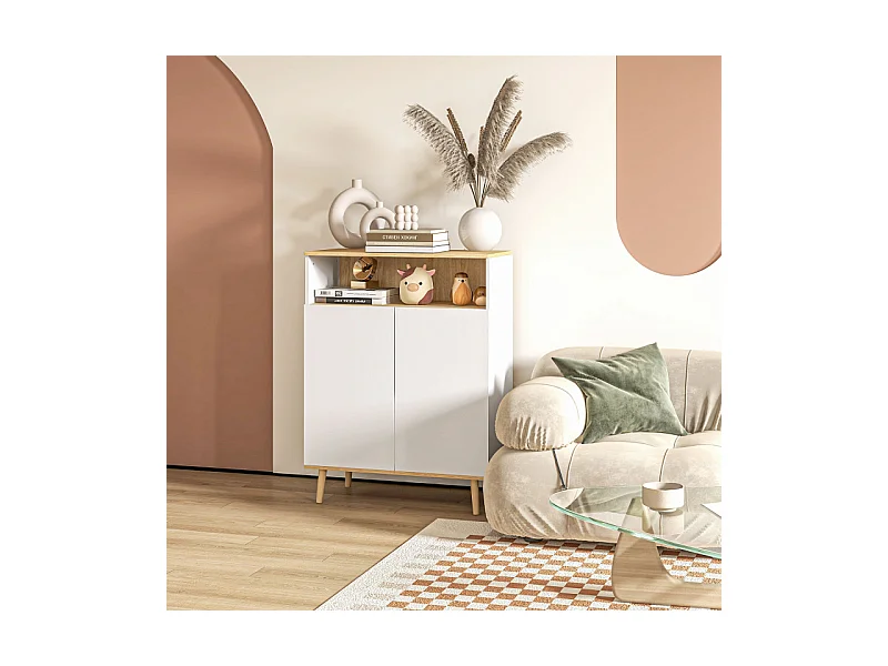 Buffet scandinave 2 portes étagère niche blanc aspect chêne clair