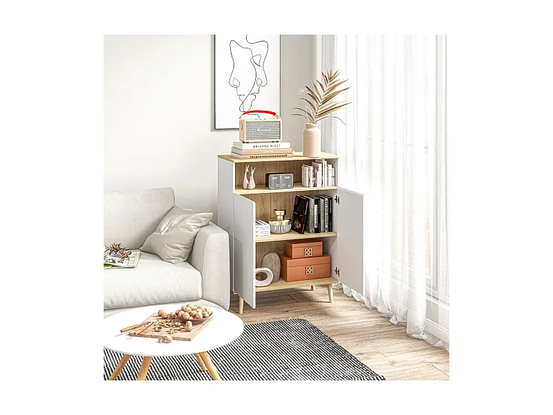 Buffet scandinave 2 portes étagère niche blanc aspect chêne clair