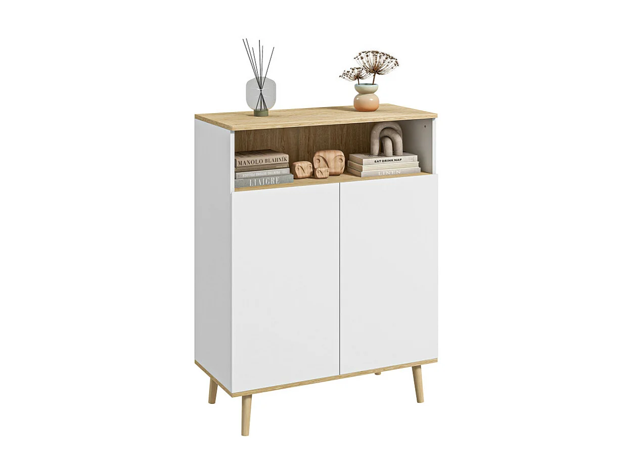 Buffet scandinave 2 portes étagère niche blanc aspect chêne clair