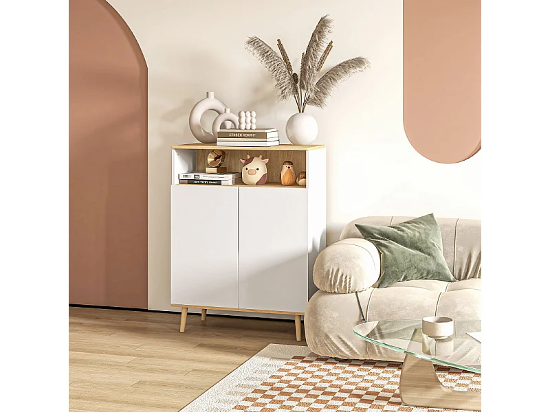 Buffet scandinave 2 portes étagère niche blanc aspect chêne clair