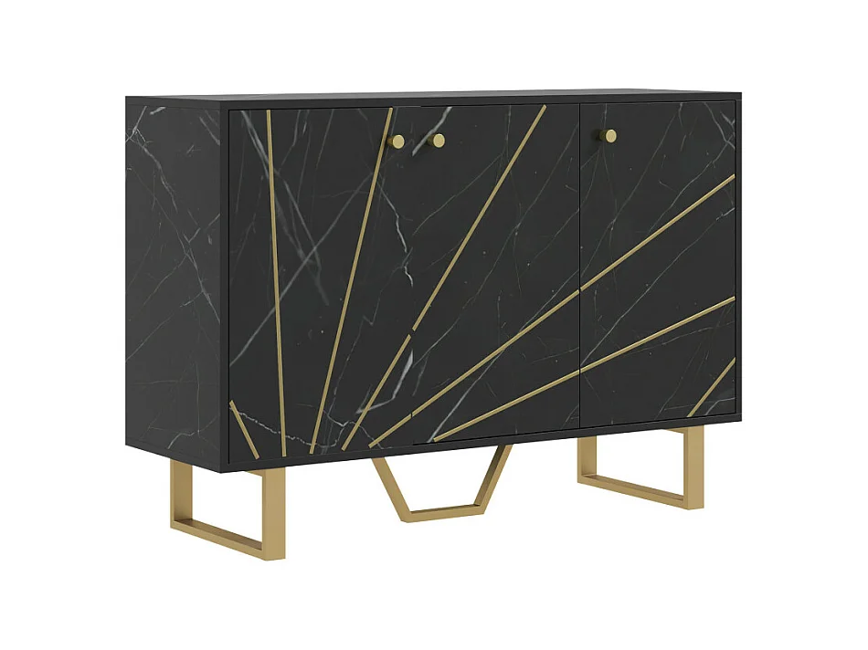 Buffet design - 3 portes, 2 étagères - métal doré aspect marbre noir