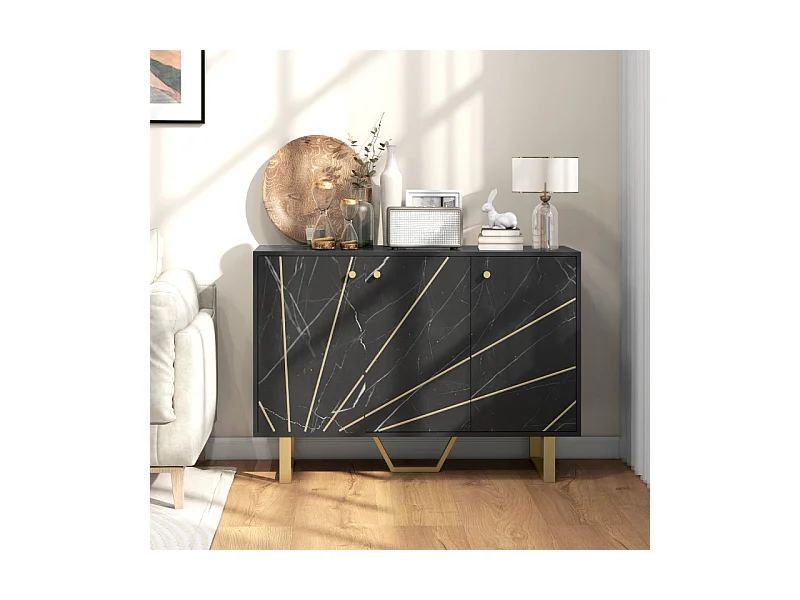 Buffet design - 3 portes, 2 étagères - métal doré aspect marbre noir