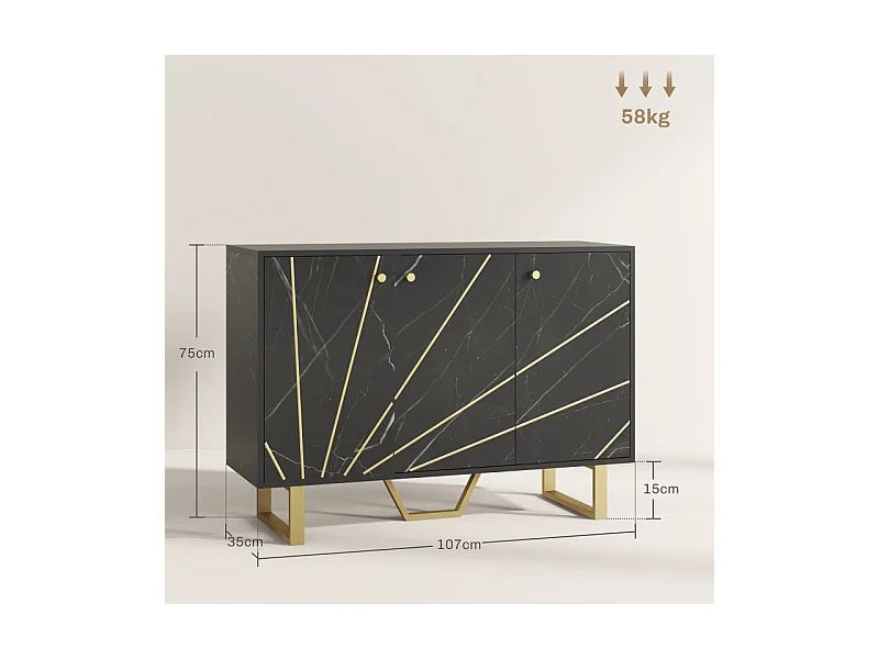 Buffet design - 3 portes, 2 étagères - métal doré aspect marbre noir