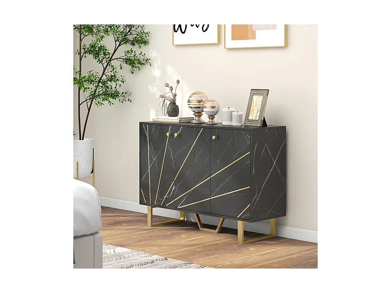 Buffet design - 3 portes, 2 étagères - métal doré aspect marbre noir