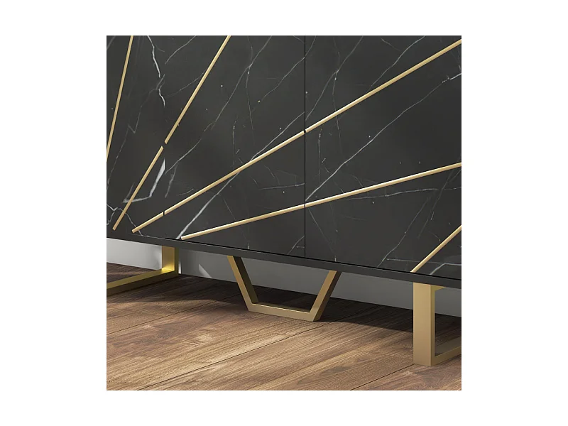 Buffet design - 3 portes, 2 étagères - métal doré aspect marbre noir