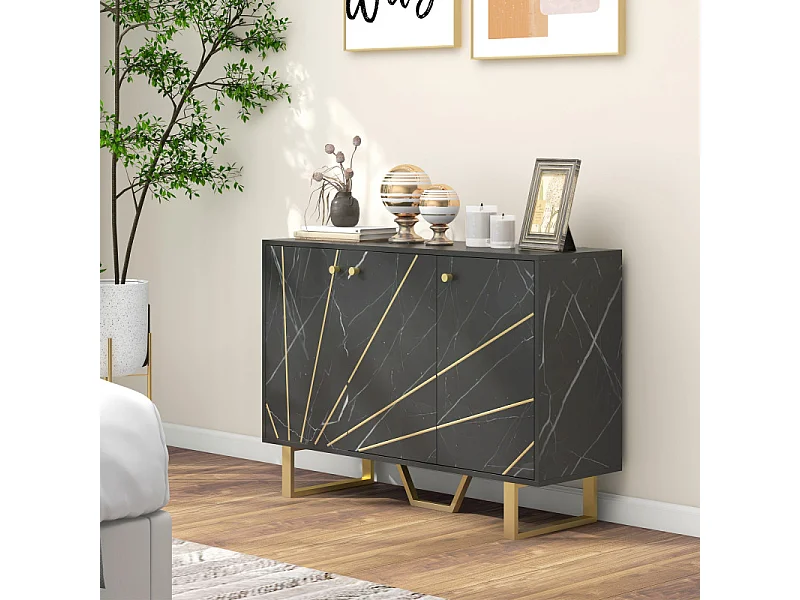 Buffet design - 3 portes, 2 étagères - métal doré aspect marbre noir