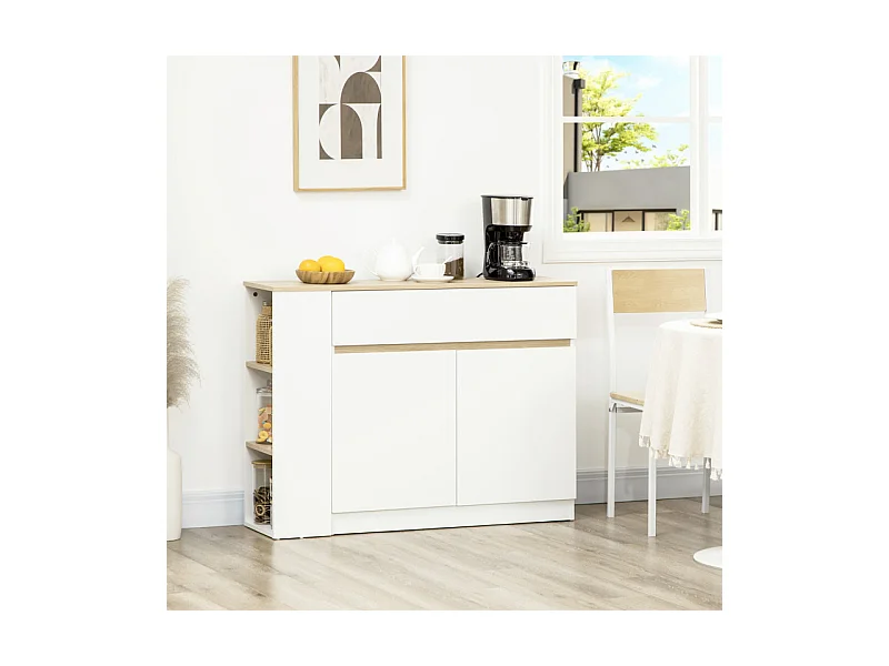 Buffet 2 portes étagère tiroir 3 niches blanc aspect chêne clair