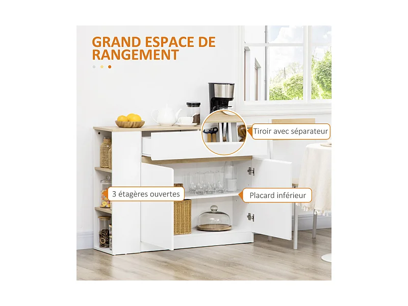 Buffet 2 portes étagère tiroir 3 niches blanc aspect chêne clair