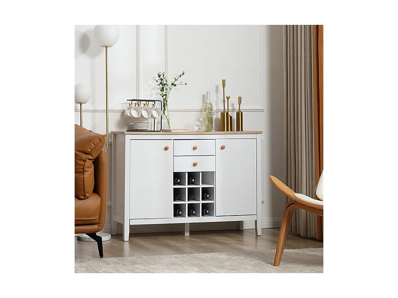 Buffet porte-bouteilles LOUKY blanc et aspect bois