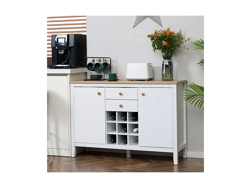 Buffet porte-bouteilles LOUKY blanc et aspect bois