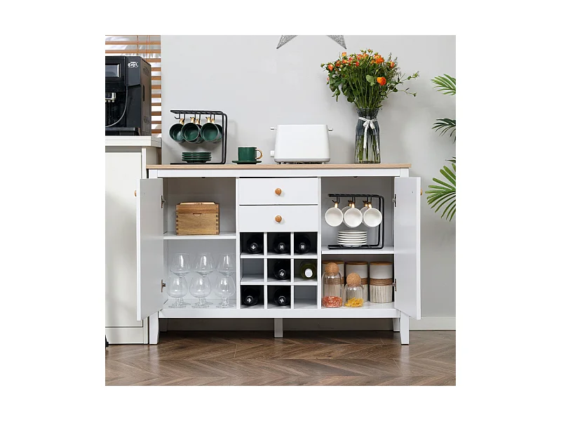 Buffet porte-bouteilles LOUKY blanc et aspect bois