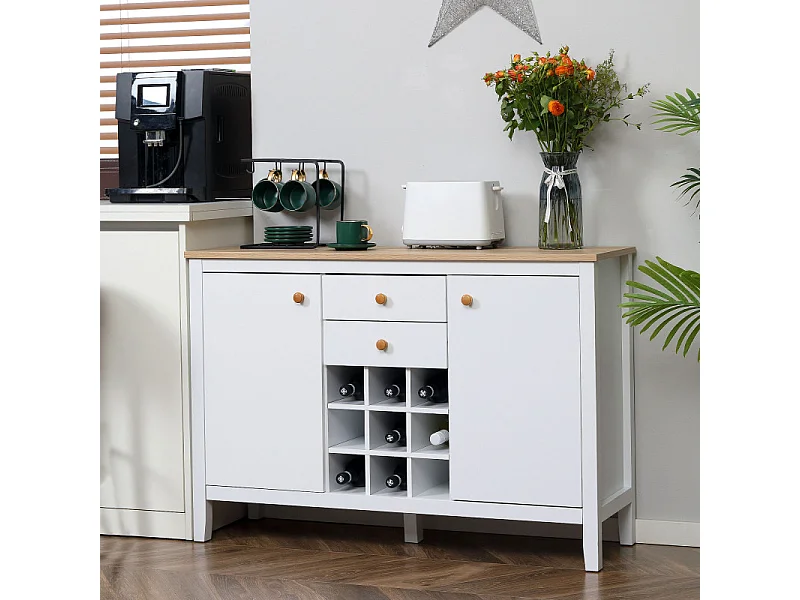 Buffet porte-bouteilles LOUKY blanc et aspect bois