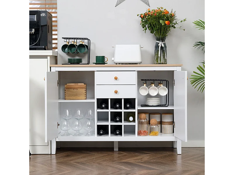 Buffet porte-bouteilles LOUKY blanc et aspect bois