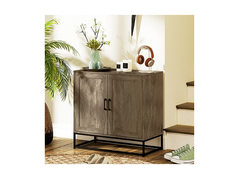 Buffet effet bois exotique 2 portes étagère métal noir