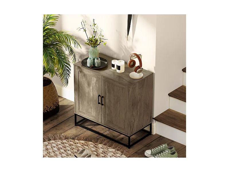 Buffet effet bois exotique 2 portes étagère métal noir