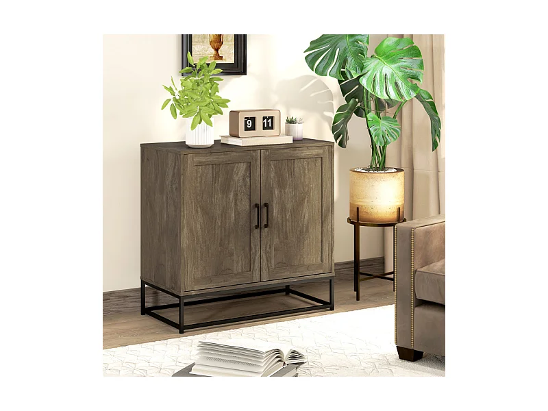 Buffet effet bois exotique 2 portes étagère métal noir