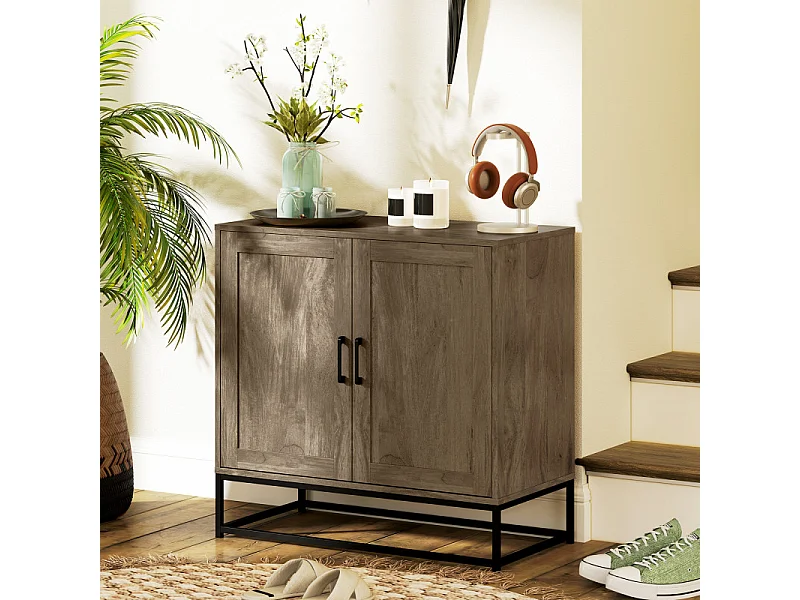 Buffet effet bois exotique 2 portes étagère métal noir