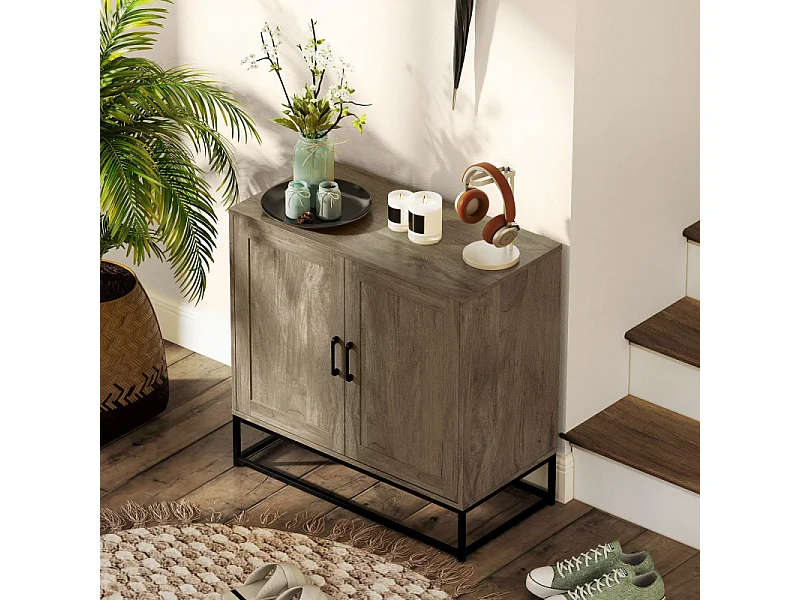 Buffet effet bois exotique 2 portes étagère métal noir