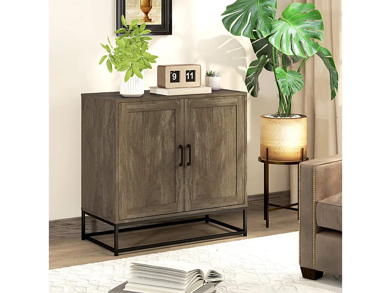 Buffet effet bois exotique 2 portes étagère métal noir