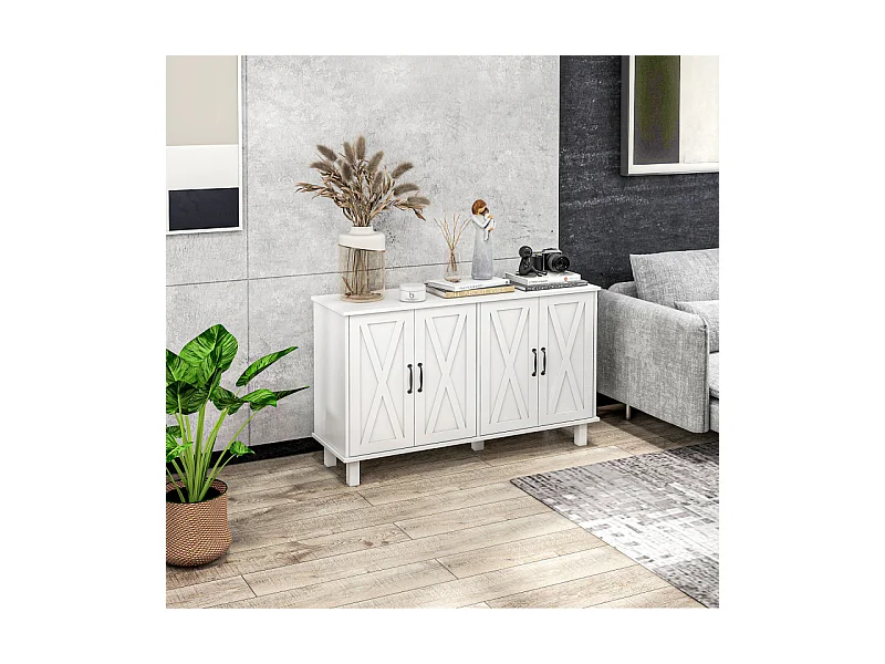 Buffet 4 portes 2 étagères style rural chic façades portes à croisillons blanc