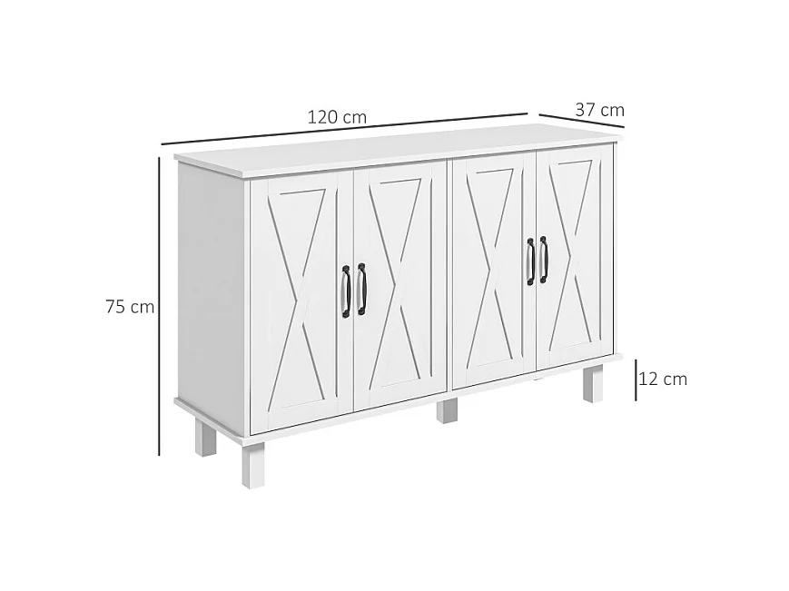 Buffet 4 portes 2 étagères style rural chic façades portes à croisillons blanc