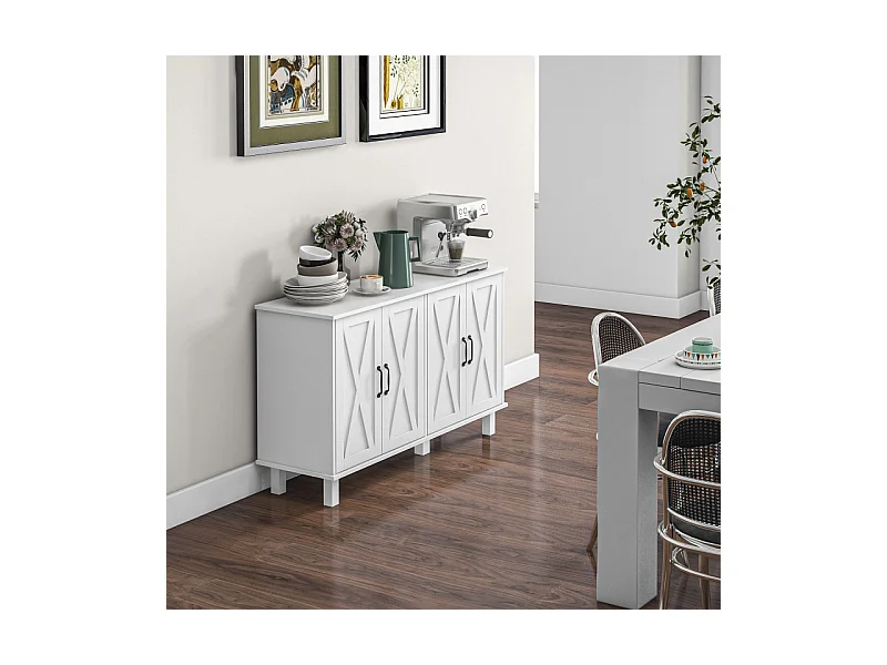 Buffet 4 portes 2 étagères style rural chic façades portes à croisillons blanc