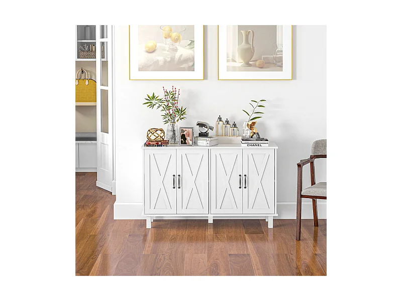 Buffet 4 portes 2 étagères style rural chic façades portes à croisillons blanc