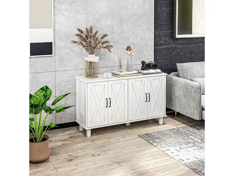 Buffet 4 portes 2 étagères style rural chic façades portes à croisillons blanc